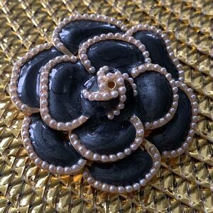 Black Camellia Flower Brooch with Faux Pearls & Gold Tone Trim - Lapel Pin
